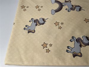 Patchwork stof (prøvetryk) - store søde enhjørninger på gullig nude bund, 275 cm